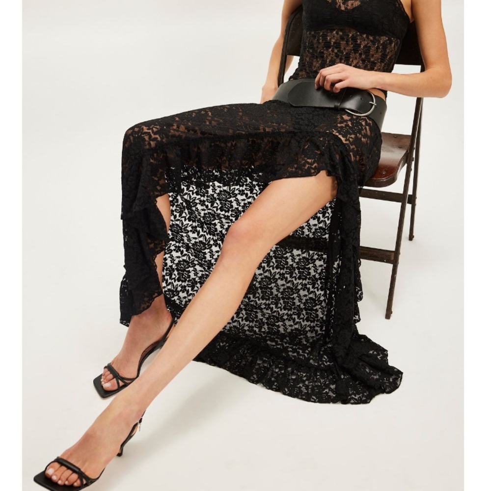 Free People Intimately See You Again Black Lace Ruffle Slip Skirt Size XS
